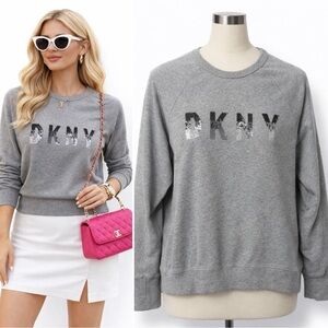 DKNY | EUC Jeans Heather Gray Cotton Sequin Logo Sweatshirt (size M)